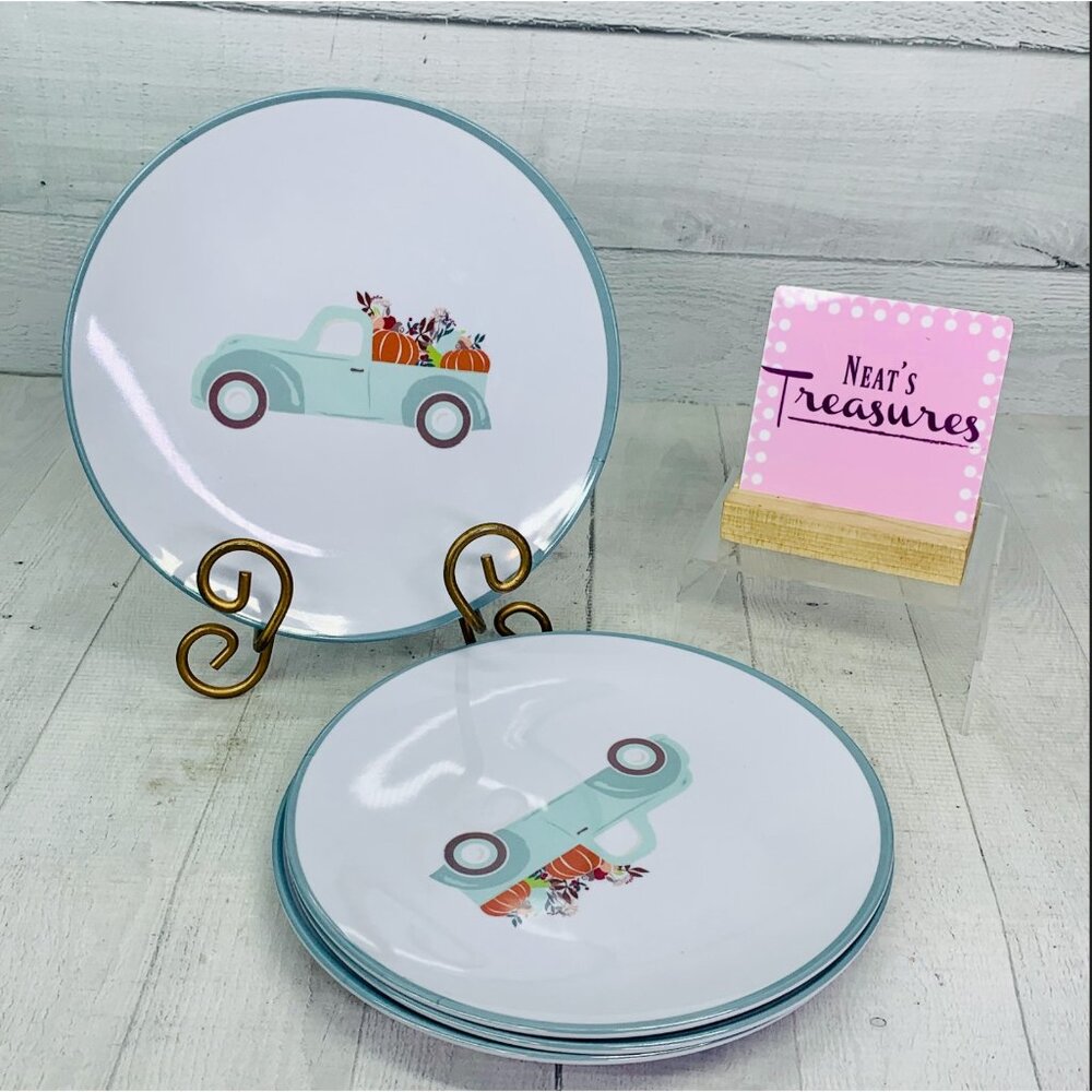 Modern Southern Home FALL TRUCK Orange Pumpkins Melamine Snack Lunch Plate Set 4
